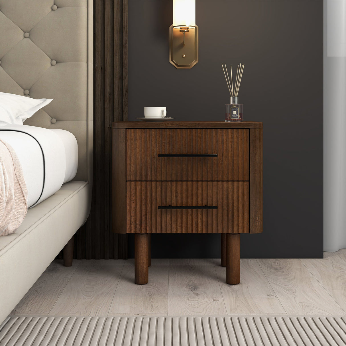 Logan Mid Century Modern Walnut Nightstand Bed Side Tables with 2 Drawers from Ashcroft Furniture - Luna Furniture
