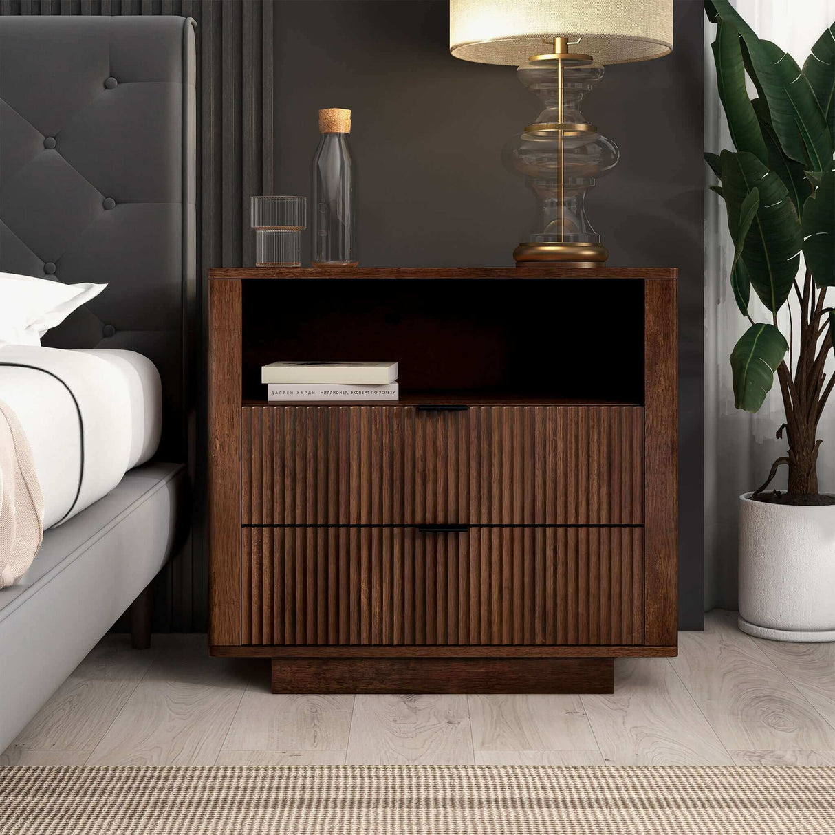 Lola Mid Century Modern Walnut Nightstand 2-Drawer Bed Side Table from Ashcroft Furniture - Luna Furniture