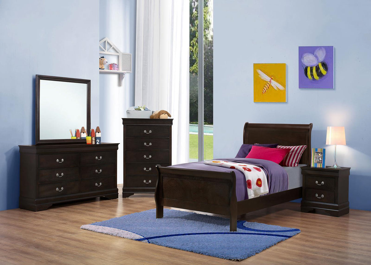 Louis Philippe Cappuccino 5-Piece Twin Panel Bedroom Set with High Headboard from Coaster - Luna Furniture