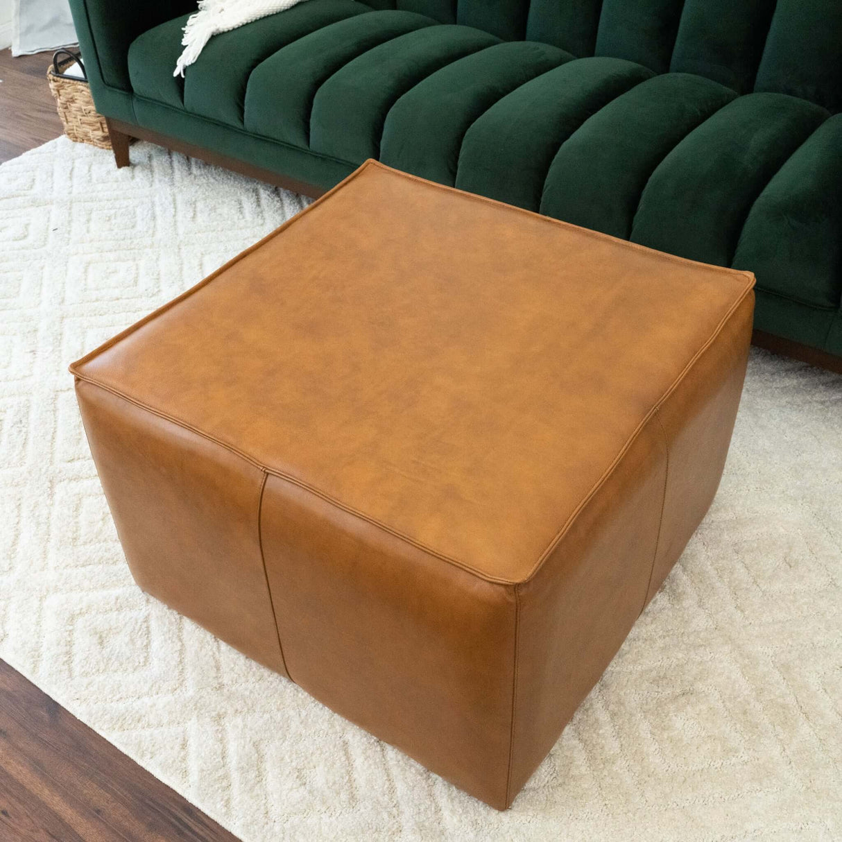 Mallory Mid-Century Square Genuine Leather Upholstered Ottoman in Tan 27.5" - AFC00055 - Luna Furniture