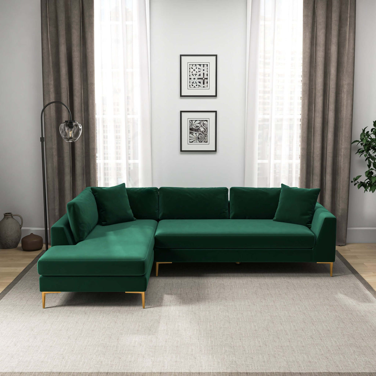 Mano Mid-Century Modern L-Shaped Velvet  Sectional Sofa in Green Left Sectional - AFC00535 - Luna Furniture