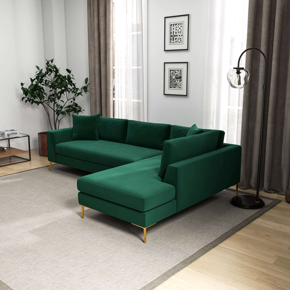 Mano Mid-Century Modern L-Shaped Velvet  Sectional Sofa in Green Right Sectional - AFC00545 - Luna Furniture