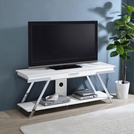 Marcia 1-drawer Wood 60" TV Stand White High Gloss and Chrome - 708152 - Luna Furniture