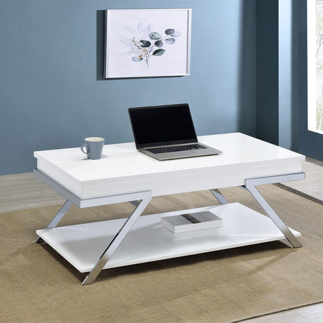 Marcia Wood Rectangular Lift Top Coffee Table White High Gloss and Chrome - 708158 - Luna Furniture
