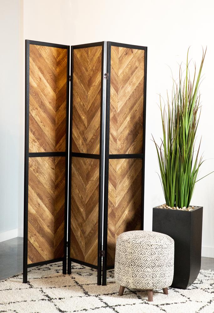 Marlene Rustic Tobacco and Black Herringbone Pattern 3-Panel Screen from Coaster - Luna Furniture