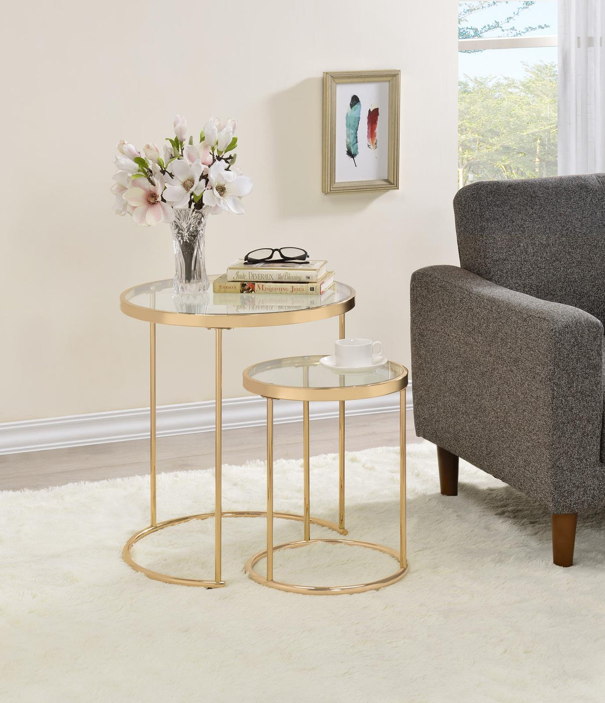 Maylin Gold 2-Piece Round Glass Top Nesting Tables from Coaster - Luna Furniture