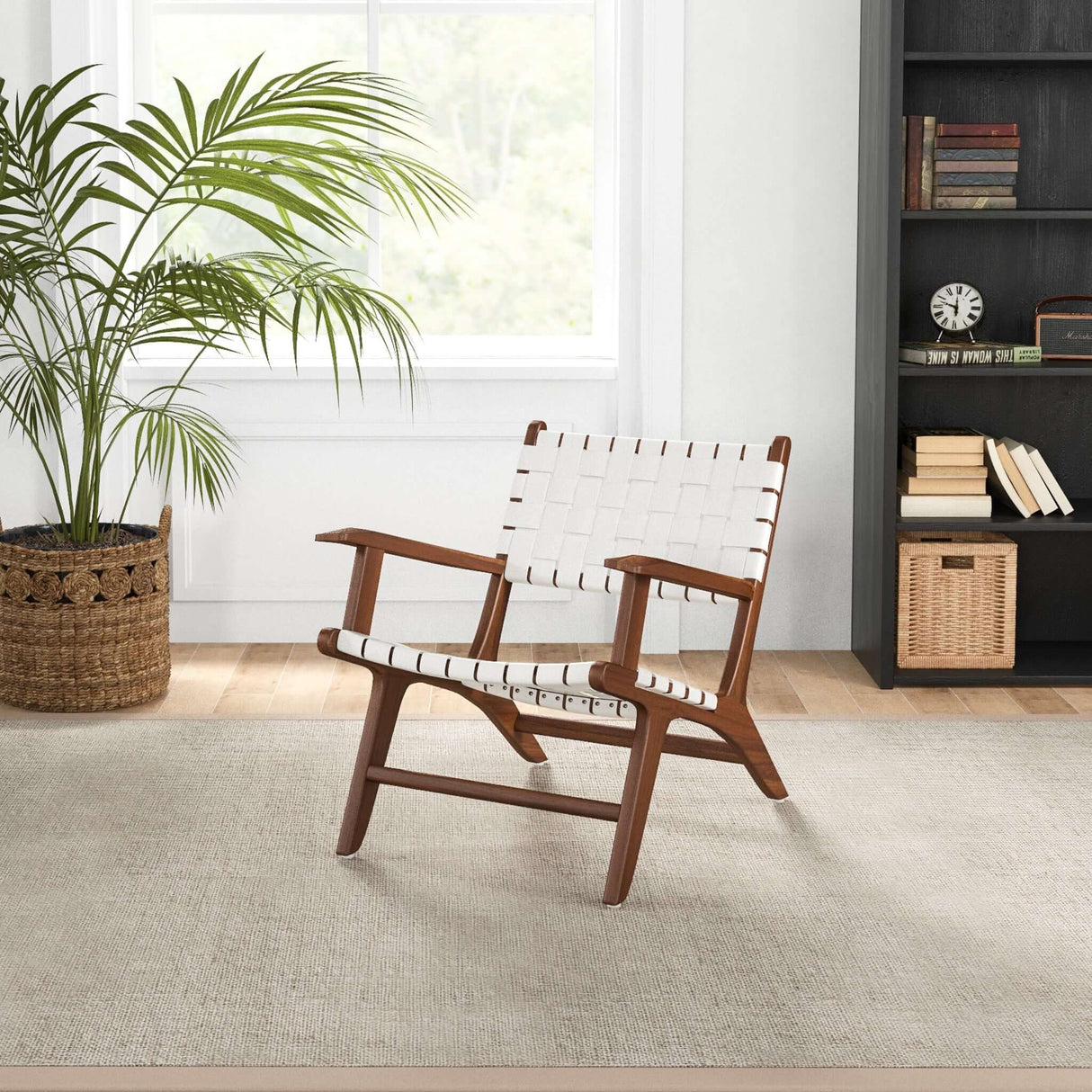 Melody Black Strap Leather Teak Wood Lounge Chair Tan - AFC01805 - Luna Furniture