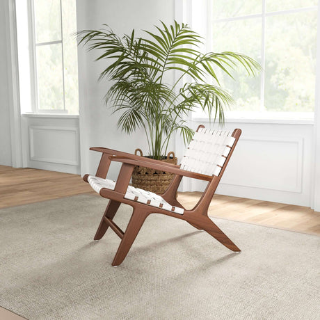 Melody Black Strap Leather Teak Wood Lounge Chair White - AFC01804 - Luna Furniture