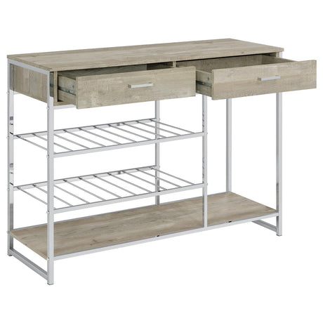 Melrose Gray Washed Oak and Chrome 2-Shelf Wine Cabinet with 2-Drawers from Coaster - Luna Furniture