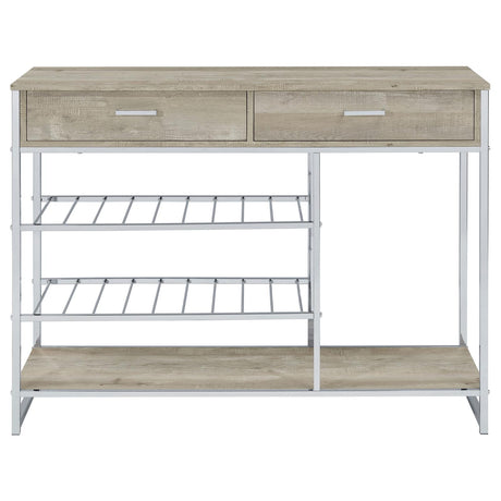 Melrose Gray Washed Oak and Chrome 2-Shelf Wine Cabinet with 2-Drawers from Coaster - Luna Furniture