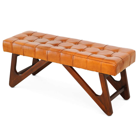 Mia Tan Leather Buttoned Bench from Midinmod - Luna Furniture