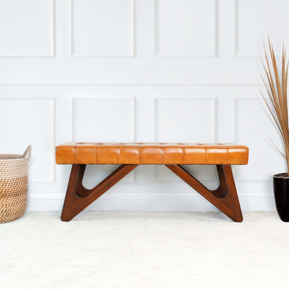 Mia Tan Leather Buttoned Bench from Midinmod - Luna Furniture