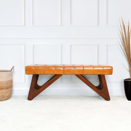 Mia Tan Leather Buttoned Bench from Midinmod - Luna Furniture