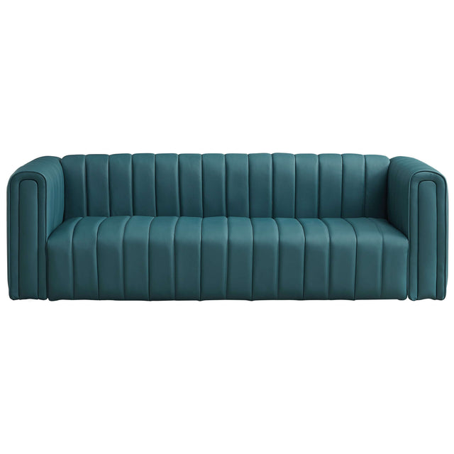 Mid-Century Modern Blue Genuine Leather Channel Tufted Square Arm Sofa - AFC02046 - Luna Furniture