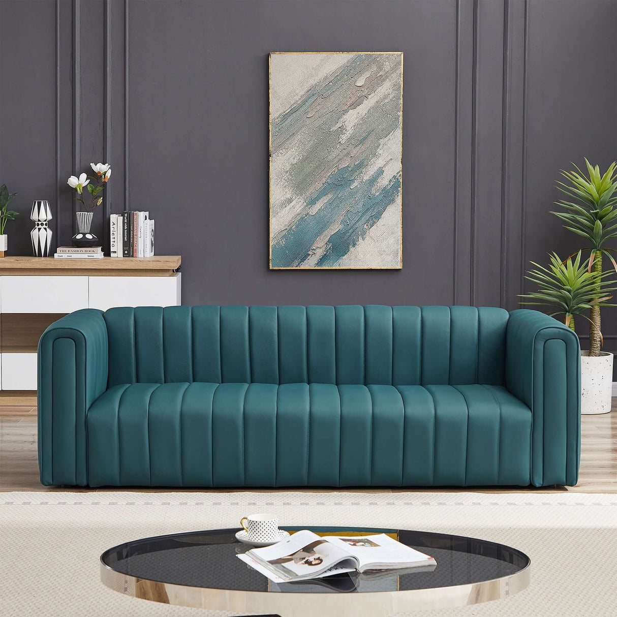Mid-Century Modern Blue Genuine Leather Channel Tufted Square Arm Sofa - AFC02046 - Luna Furniture