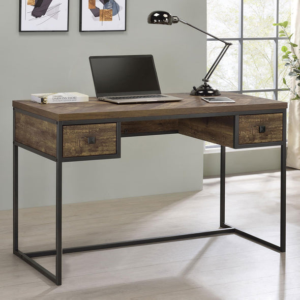Millbrook 2-drawer Writing Desk Rustic Oak Herringbone and Gunmetal - 882091 - Luna Furniture