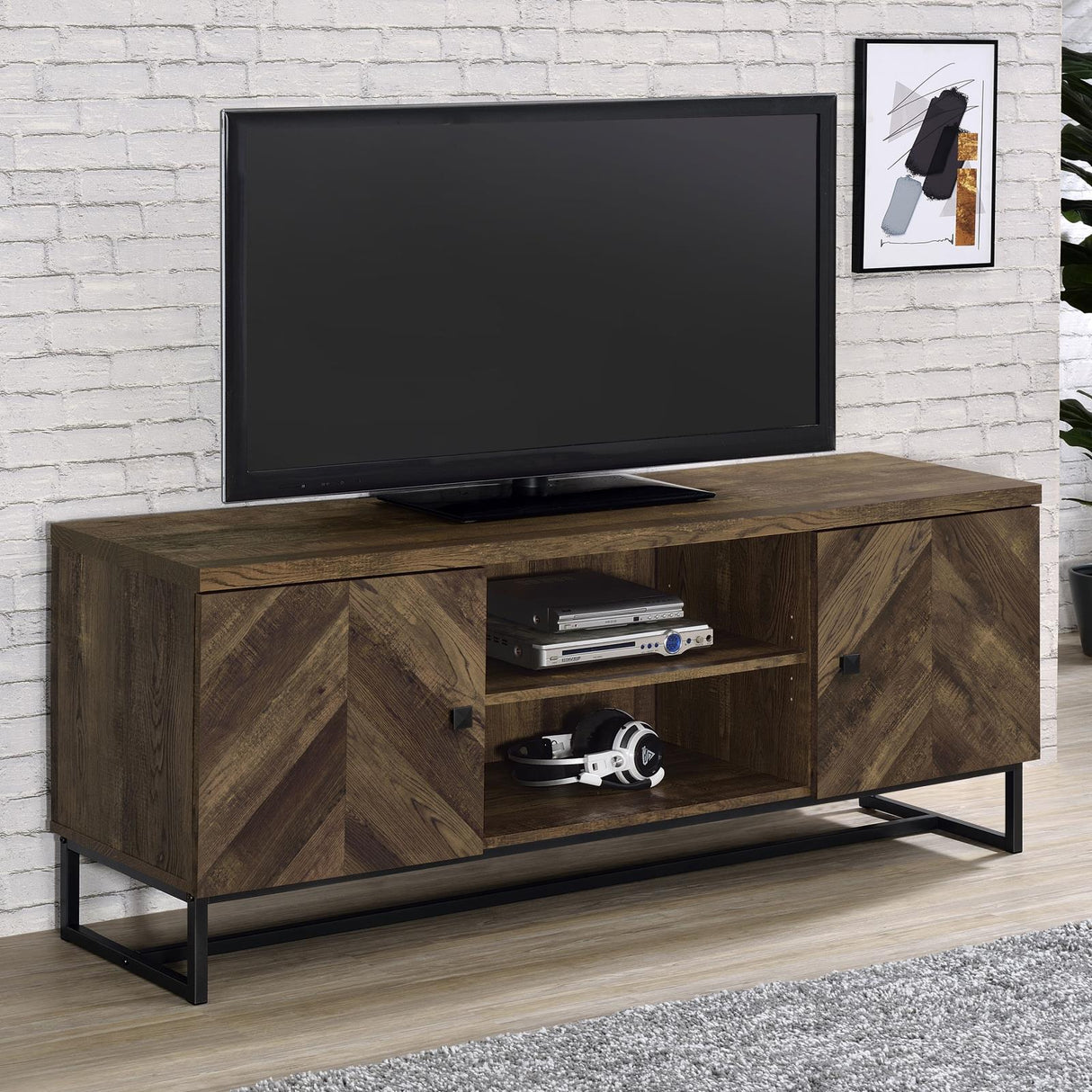 Myles Rustic Oak Herringbone 2-Door TV Console with Adjustable Shelves from Coaster - Luna Furniture