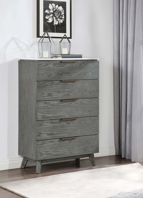 Nathan 5-drawer Chest White Marble and Grey - 224605 - Luna Furniture