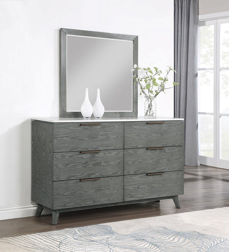Nathan 6-drawer Dresser with Mirror White Marble and Grey - 224603M - Luna Furniture