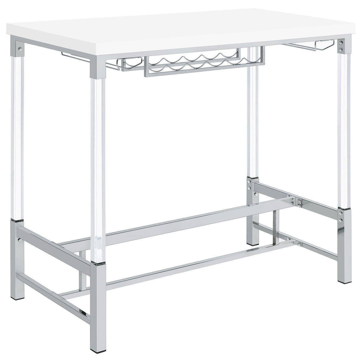 Norcrest White High Gloss Pub Height Bar Table with Acrylic Legs and Wine Storage from Coaster - Luna Furniture
