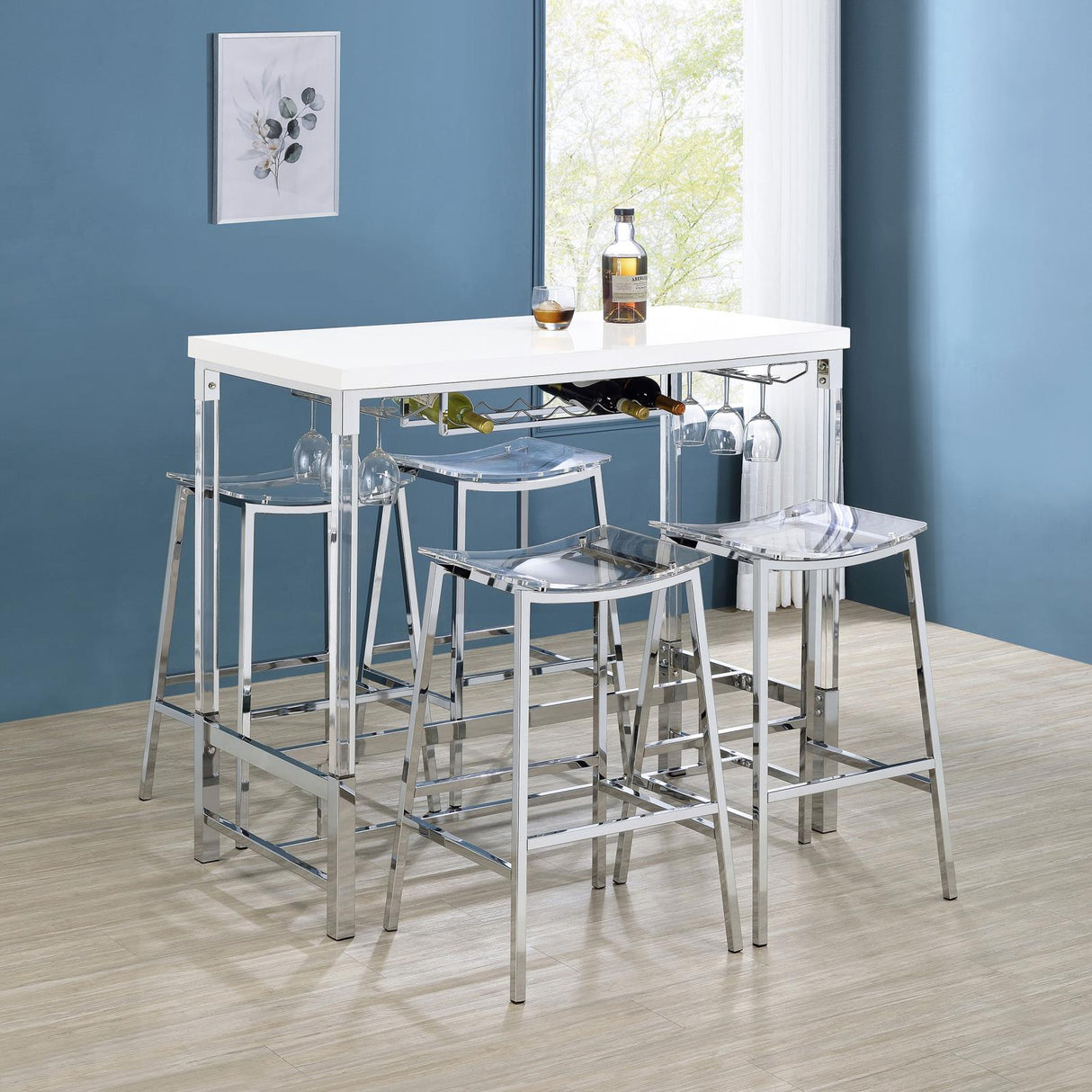 Norcrest White High Gloss Pub Height Bar Table with Acrylic Legs and Wine Storage from Coaster - Luna Furniture