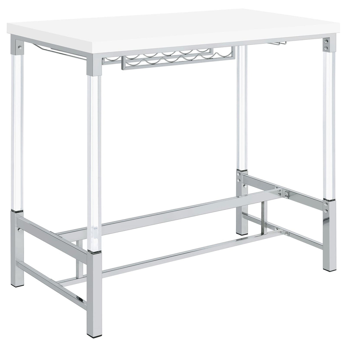 Norcrest White High Gloss Pub Height Bar Table with Acrylic Legs and Wine Storage from Coaster - Luna Furniture