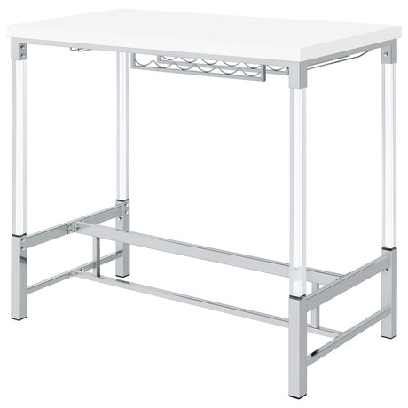Norcrest White High Gloss Pub Height Bar Table with Acrylic Legs and Wine Storage from Coaster - Luna Furniture
