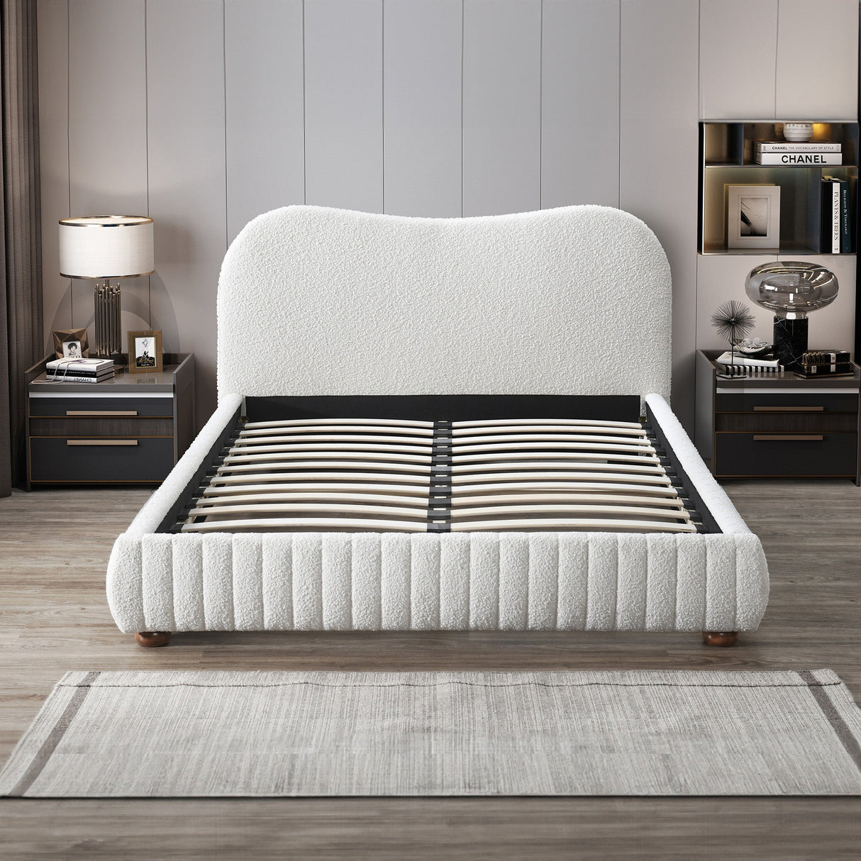 Norme Cream Queen Boucle Upholstered Platform Bed from Midinmod - Luna Furniture
