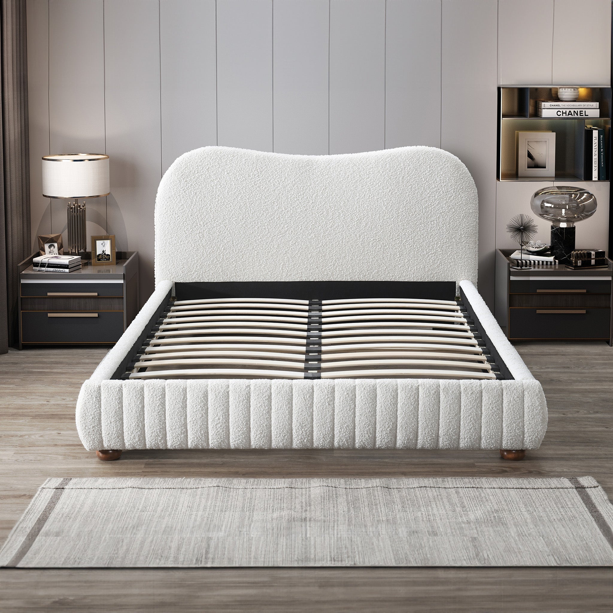 Norme Cream Queen Boucle Upholstered Platform Bed from Midinmod - Luna Furniture
