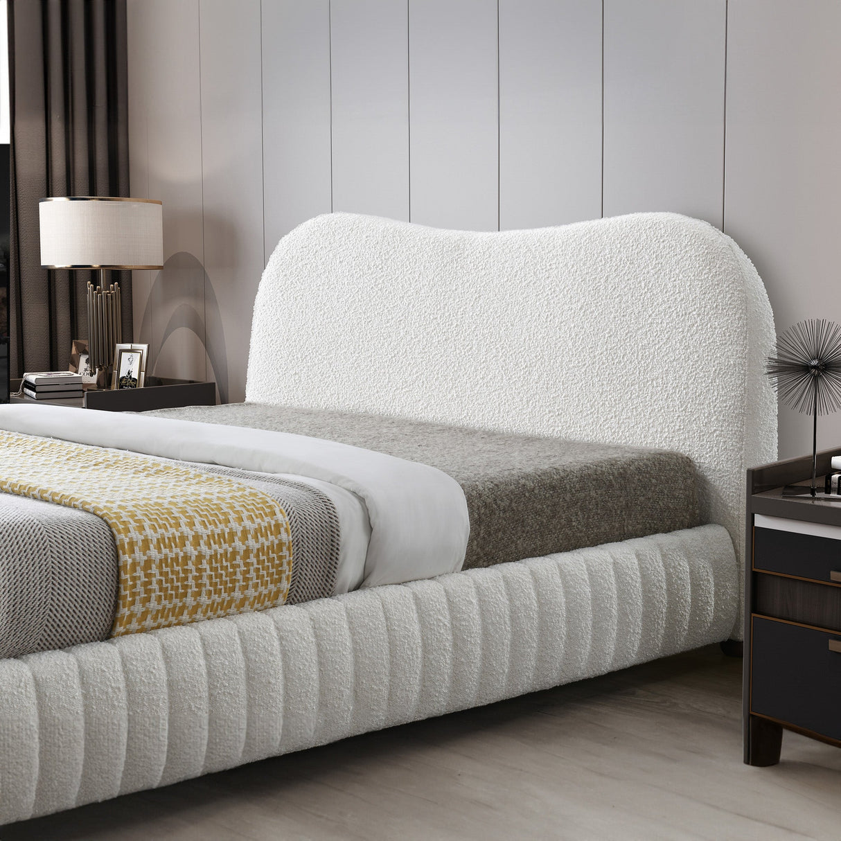 Norme Cream Queen Boucle Upholstered Platform Bed from Midinmod - Luna Furniture