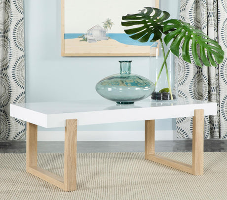 Pala Rectangular Coffee Table with Sled Base White High Gloss and Natural - 753398 - Luna Furniture
