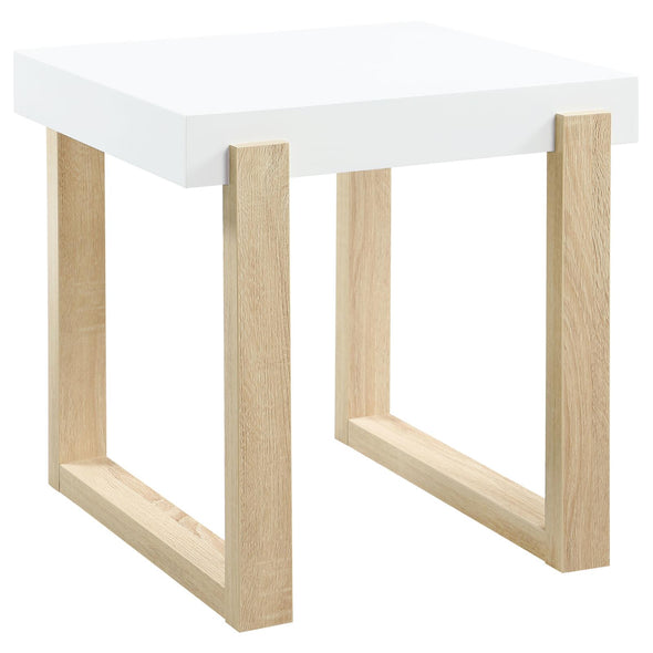 Pala Rectangular End Table with Sled Base White High Gloss and Natural - 753397 - Luna Furniture