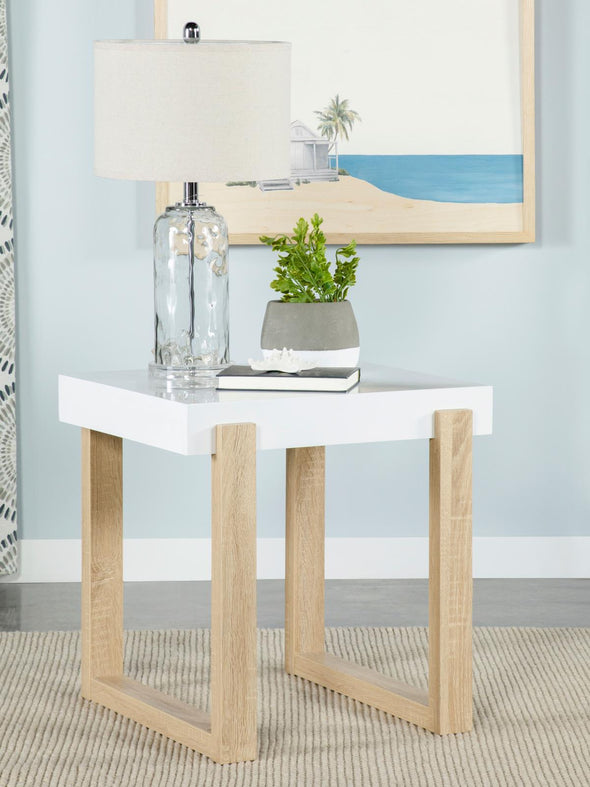 Pala Rectangular End Table with Sled Base White High Gloss and Natural - 753397 - Luna Furniture