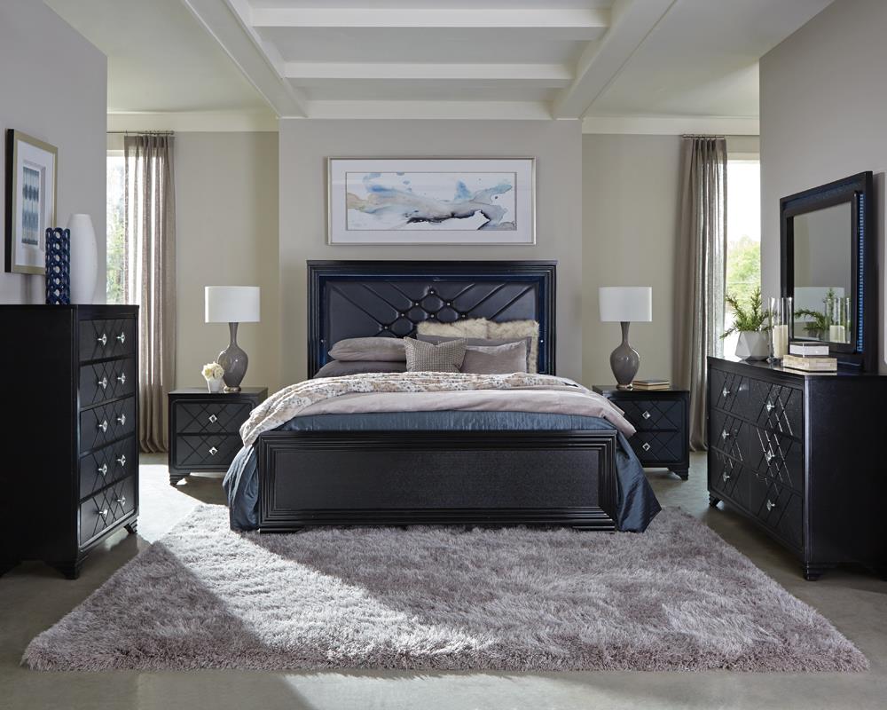 Penelope Eastern King Bed with LED Lighting Black and Midnight Star - 223571KE - Luna Furniture