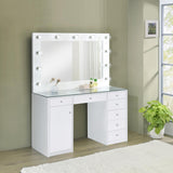 Percy White 7-Drawer Glass Top Vanity Desk with Lighting from Coaster - Luna Furniture
