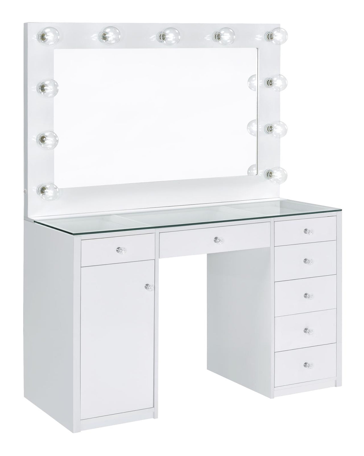 Percy White 7-Drawer Glass Top Vanity Desk with Lighting from Coaster - Luna Furniture