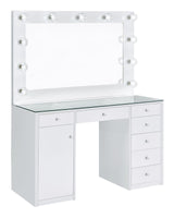 Percy White 7-Drawer Glass Top Vanity Desk with Lighting from Coaster - Luna Furniture