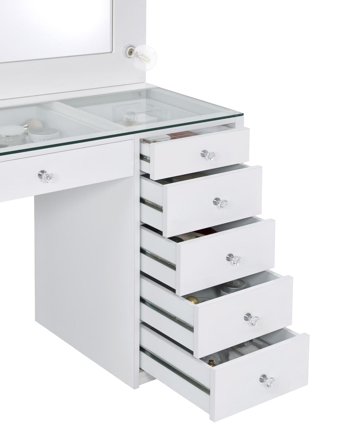 Percy White 7-Drawer Glass Top Vanity Desk with Lighting from Coaster - Luna Furniture