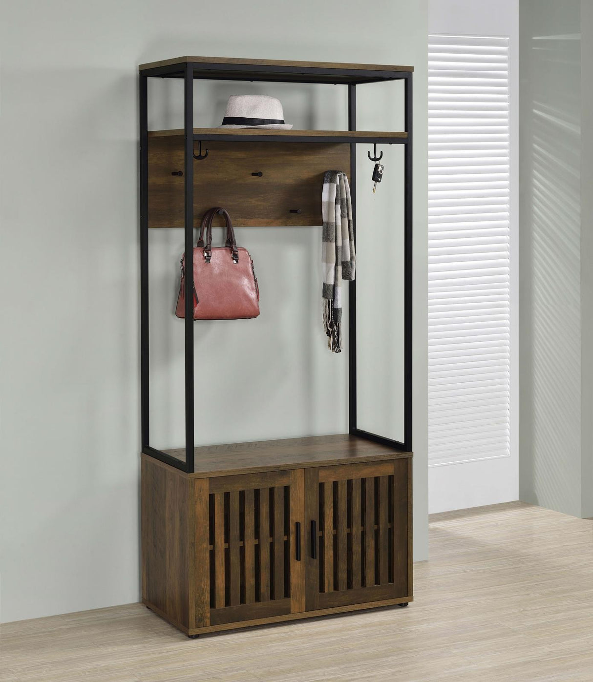 Quincy Dark Pine and Black 2-Door Engineered Wood Hall Tree from Coaster - Luna Furniture