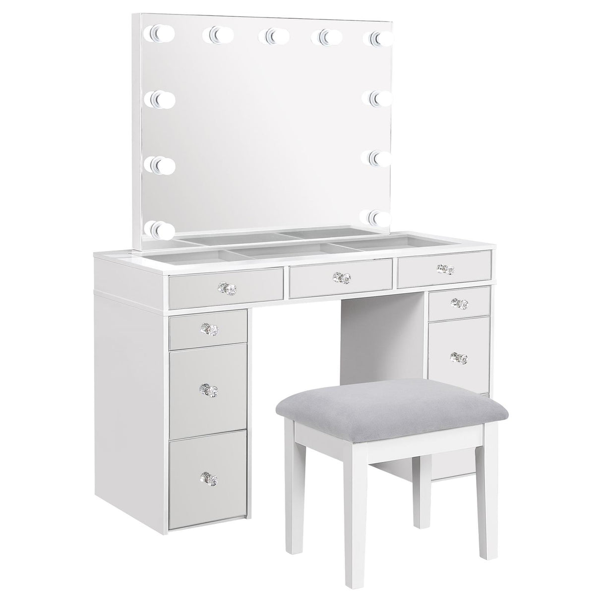 Regina White 3-Piece Makeup Vanity Table Set Hollywood Lighting and Mirror from Coaster - Luna Furniture