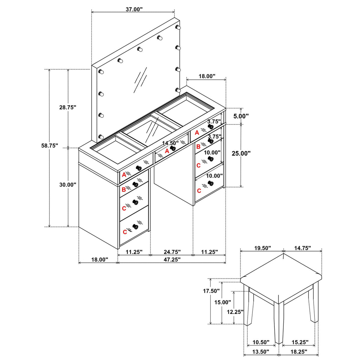 Regina White 3-Piece Makeup Vanity Table Set Hollywood Lighting and Mirror from Coaster - Luna Furniture