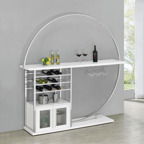 Risley White High Gloss 2-Door Circular LED Home Bar with Wine Storage from Coaster - Luna Furniture
