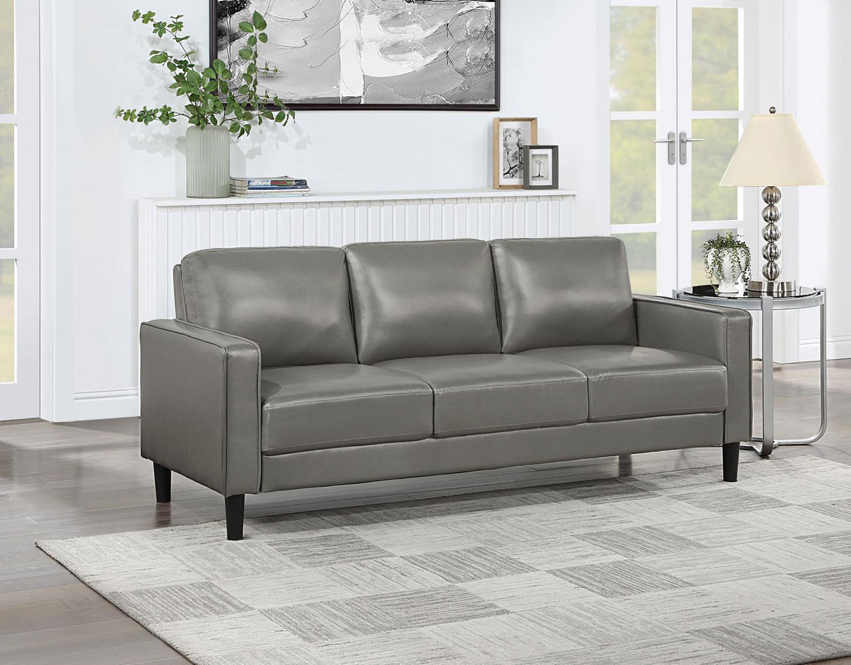 Ruth Gray Upholstered Track Arm Faux Leather Sofa from Coaster - Luna Furniture