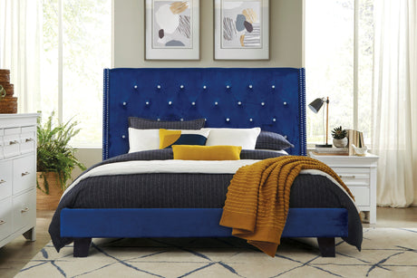 SH283BLUK-1EK KING PLATFORM BED WITH BLUE VELVET - Luna Furniture