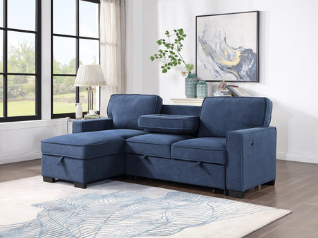 SH8891BLU* (2)2-PIECE SECTIONAL W/ PULL-OUT BED & LAF CHAISE WITH STORAGE - Luna Furniture