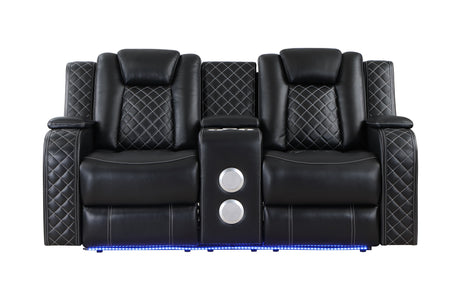 SH8895BLK-2 PW D. RECLN LOVESEAT W/ CONSOLE, PW HEADRESTS, LED LIGHT/SPEAKERS from Homelegance - Luna Furniture