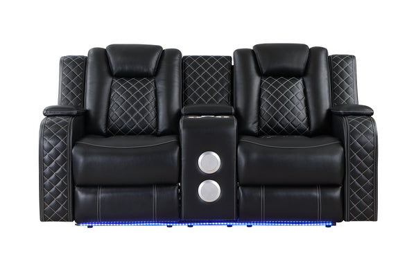 Radiant Black Power Double Reclining Loveseat, Power Headrests, Led Light and Speakers