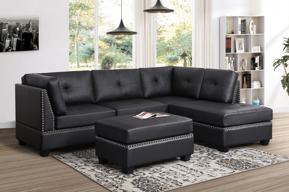 Sienna Black Faux Leather Sectional with Ottoman