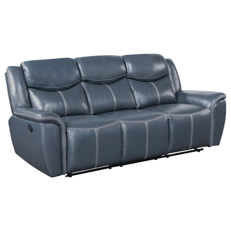 Sloane Upholstered Motion Reclining Sofa with Drop Down Table Blue - 610271 - Luna Furniture