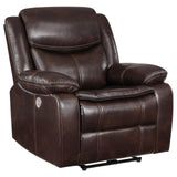 Sycamore Dark Brown Upholstered Power Recliner Chair from Coaster - Luna Furniture